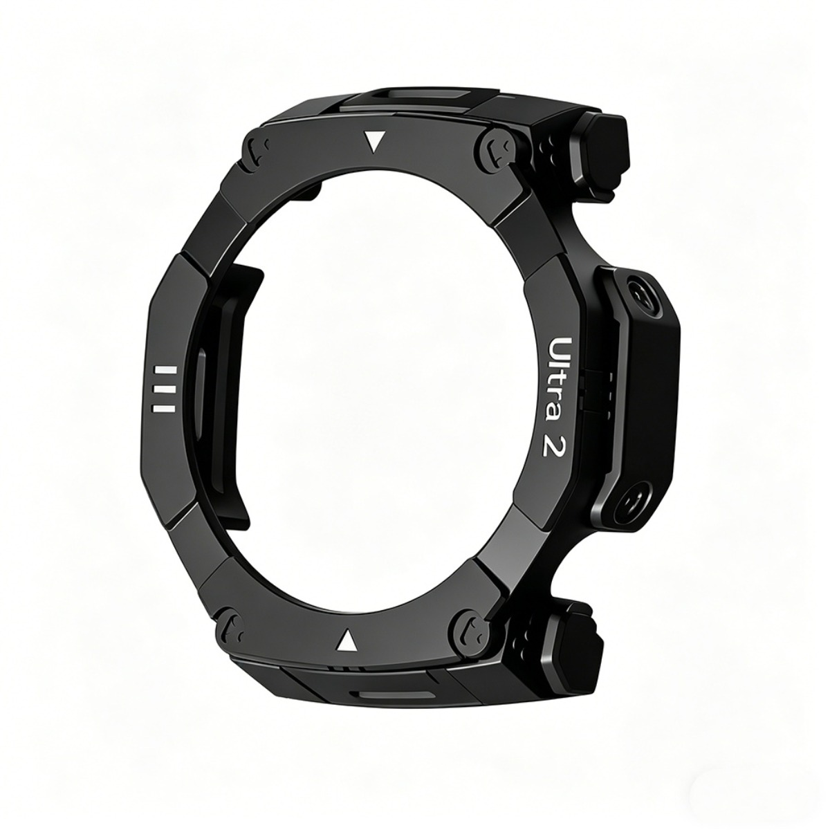 Lunetta circolare nera per orologio con testo "Ultra 2" e pulsanti.