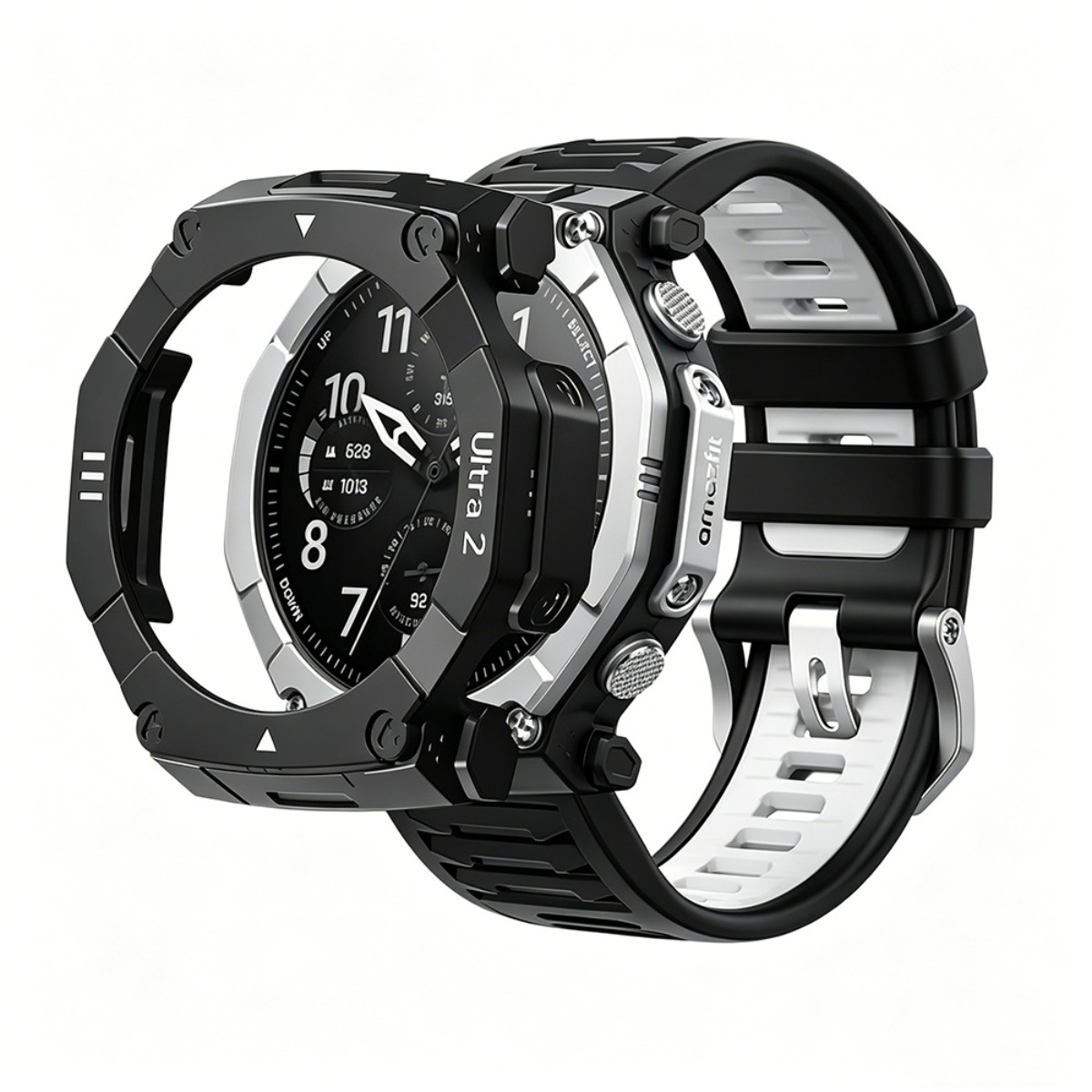 Uno smartwatch robusto, nero e argento con lunetta nera e accenti bianchi sul cinturino.