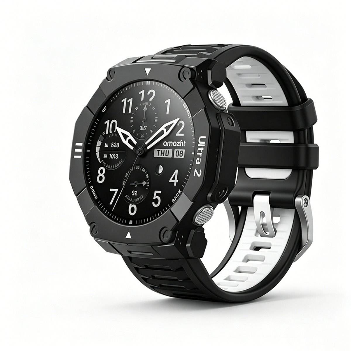 Uno smartwatch nero con cinturino bianco e display digitale.