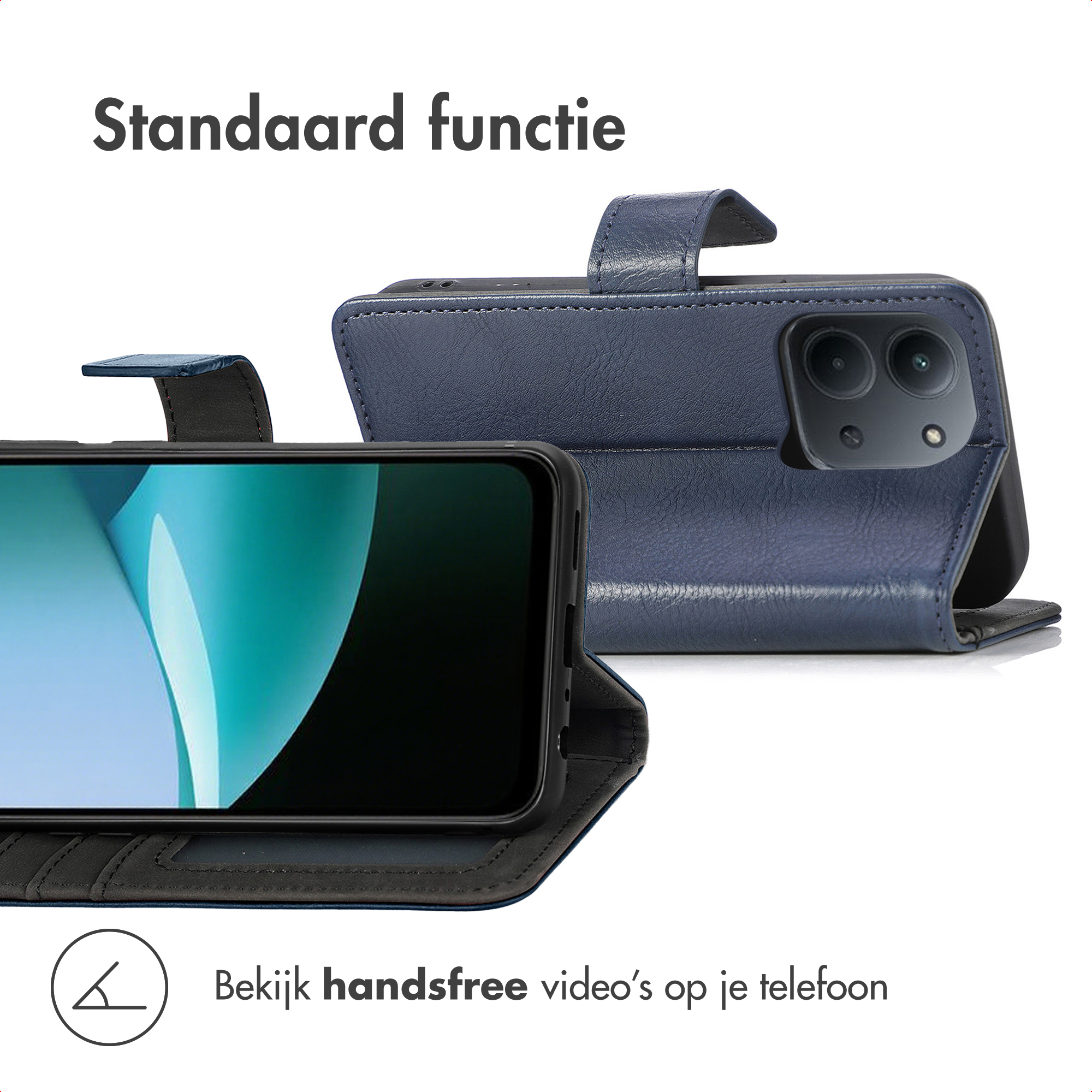 Donkerblauw lederen hoesje met geïntegreerde standaard en telefoon.
