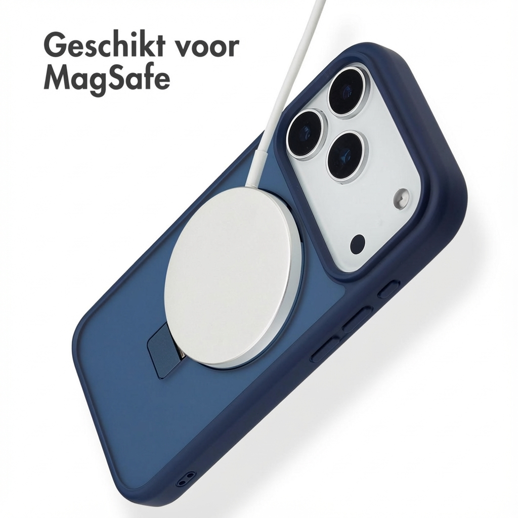 Donkerblauwe iPhone met MagSafe lader en wit kabel. Tekst: "Geschikt voor MagSafe"