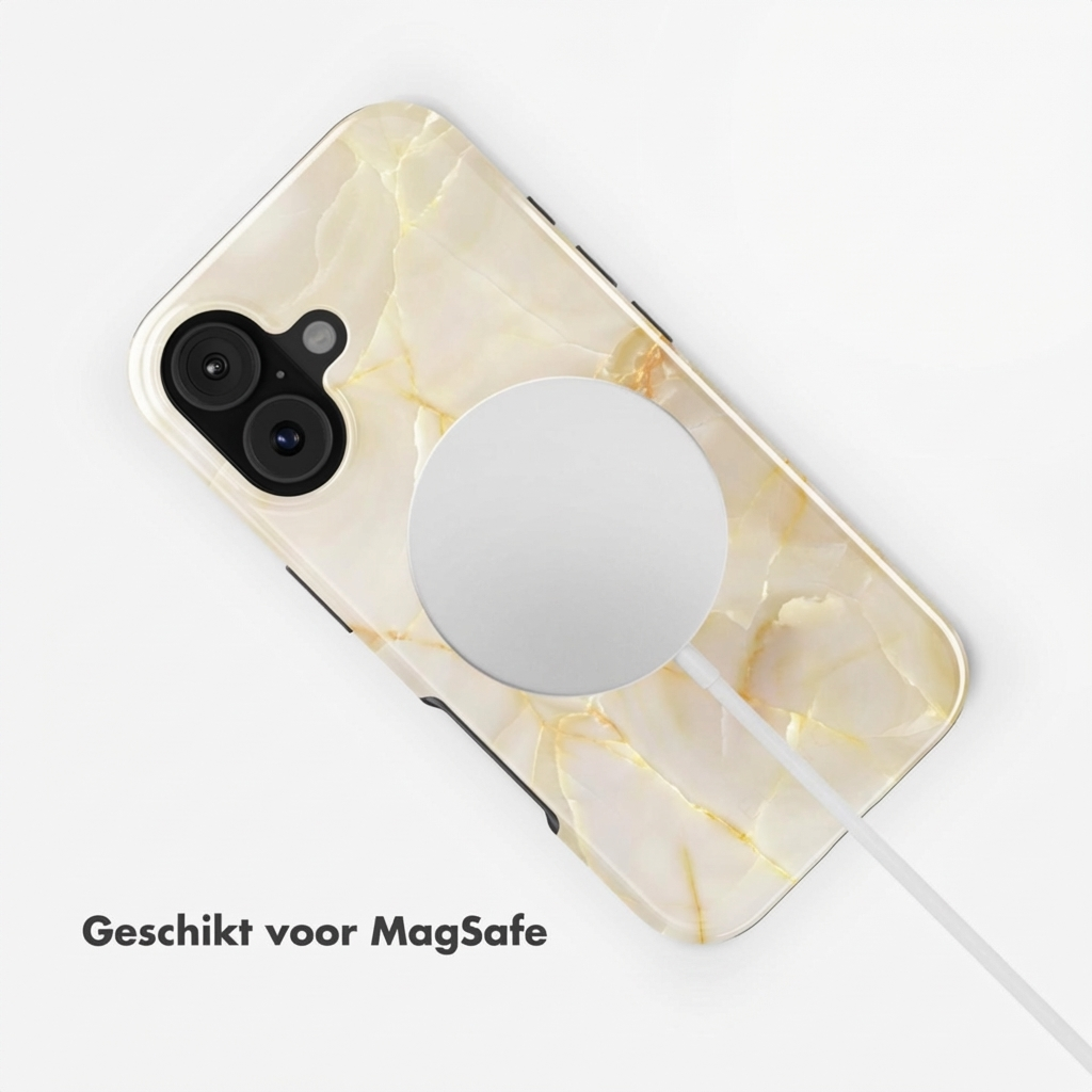 Een telefoon met marmerpatroon en MagSafe-oplader