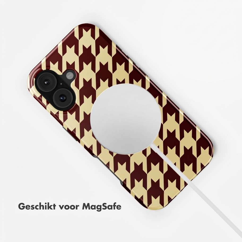 Een donkerrood en beige pied-de-poule patroon op een telefoonhoesje met MagSafe.