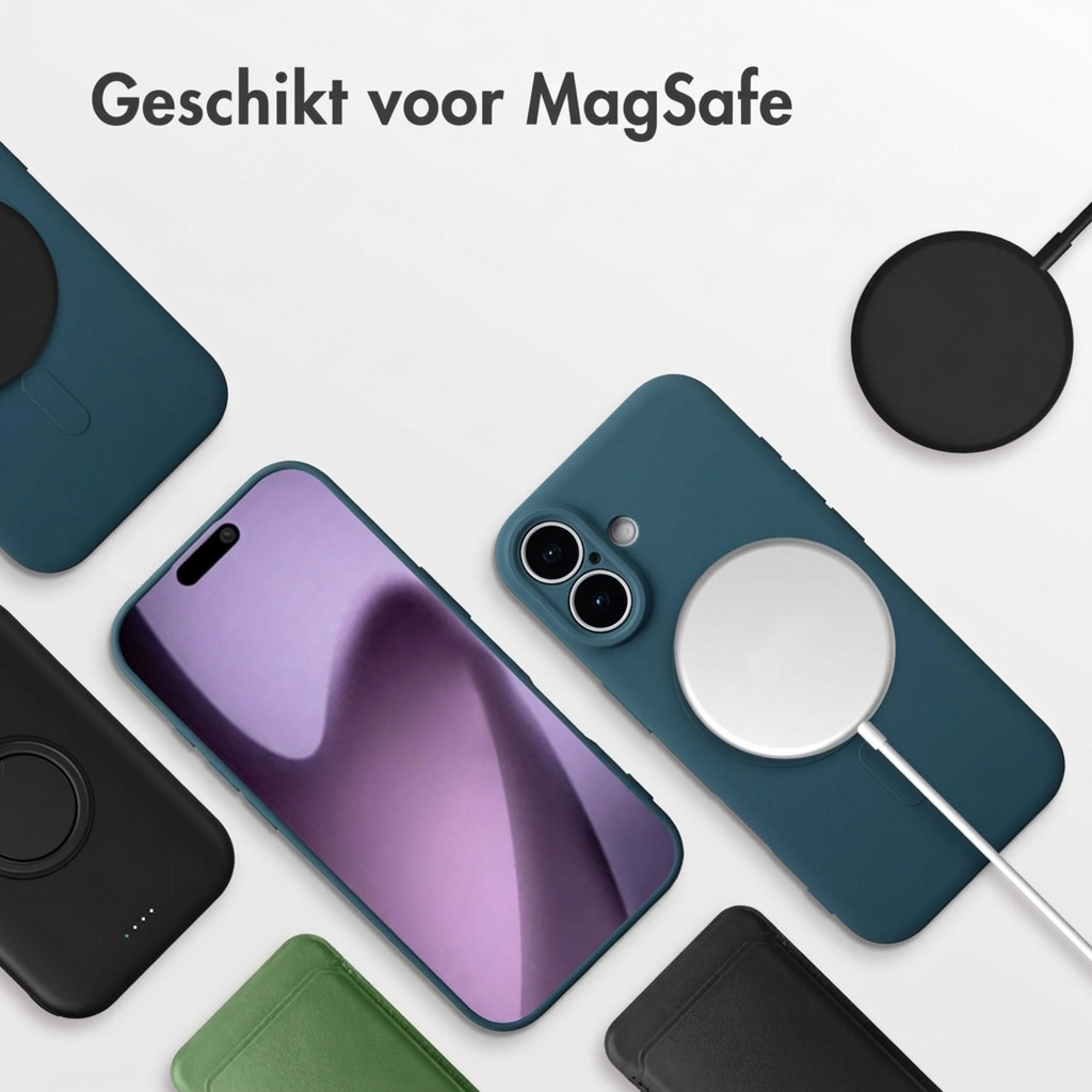 Een smartphone met MagSafe oplader en hoesjes in diverse kleuren.