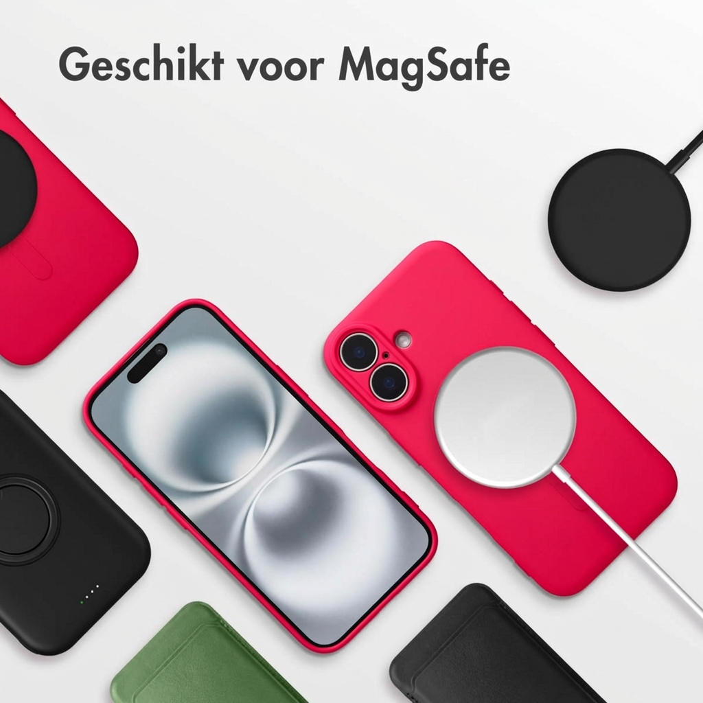 Coques de téléphone rouges et chargeurs MagSafe sur fond blanc.