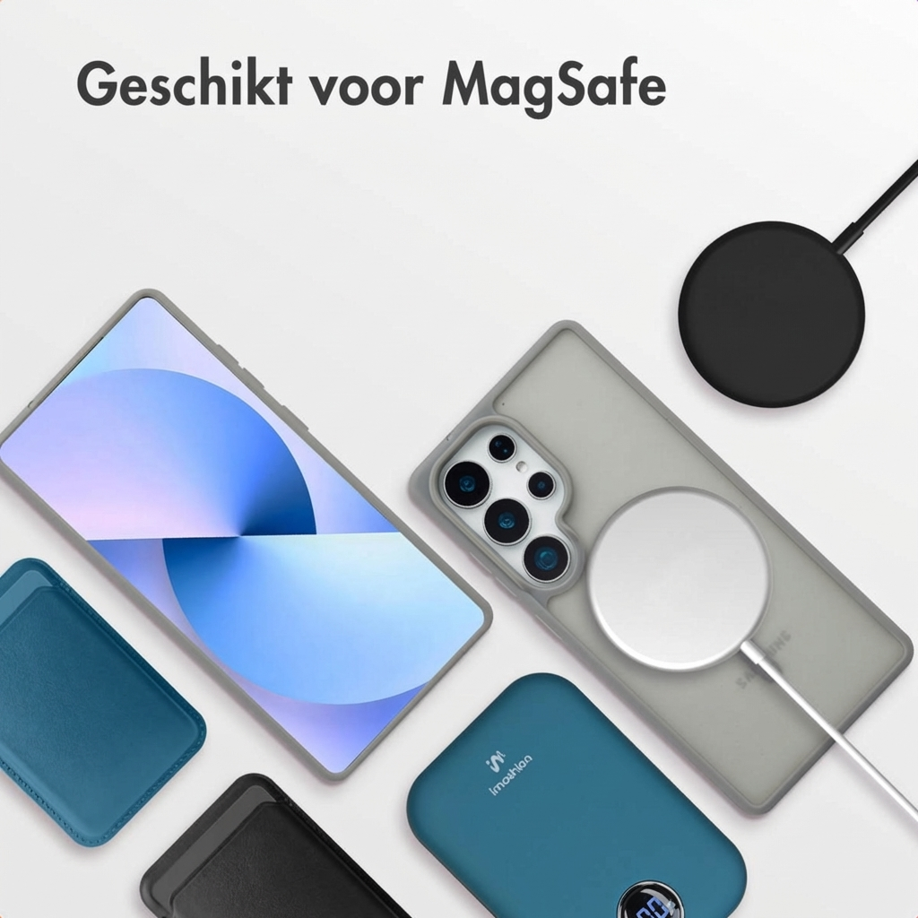 Accessoires pour smartphone : chargeur MagSafe, coque, batterie externe, porte-cartes.