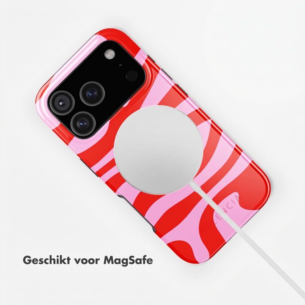 Rood en roze telefoonhoesje met golvend patroon en MagSafe-lader.