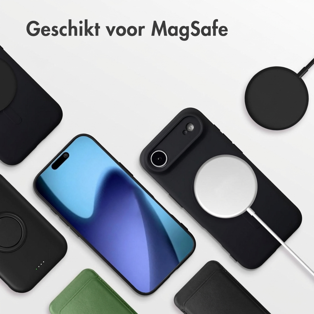 iPhone avec accessoires MagSafe : coques, chargeur, portefeuille.