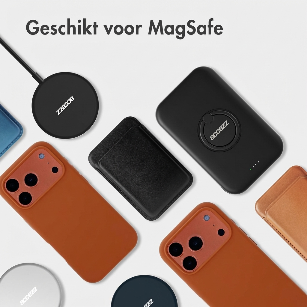 Assortiment MagSafe-compatibele telefoonhoesjes, opladers en kaarthouders.