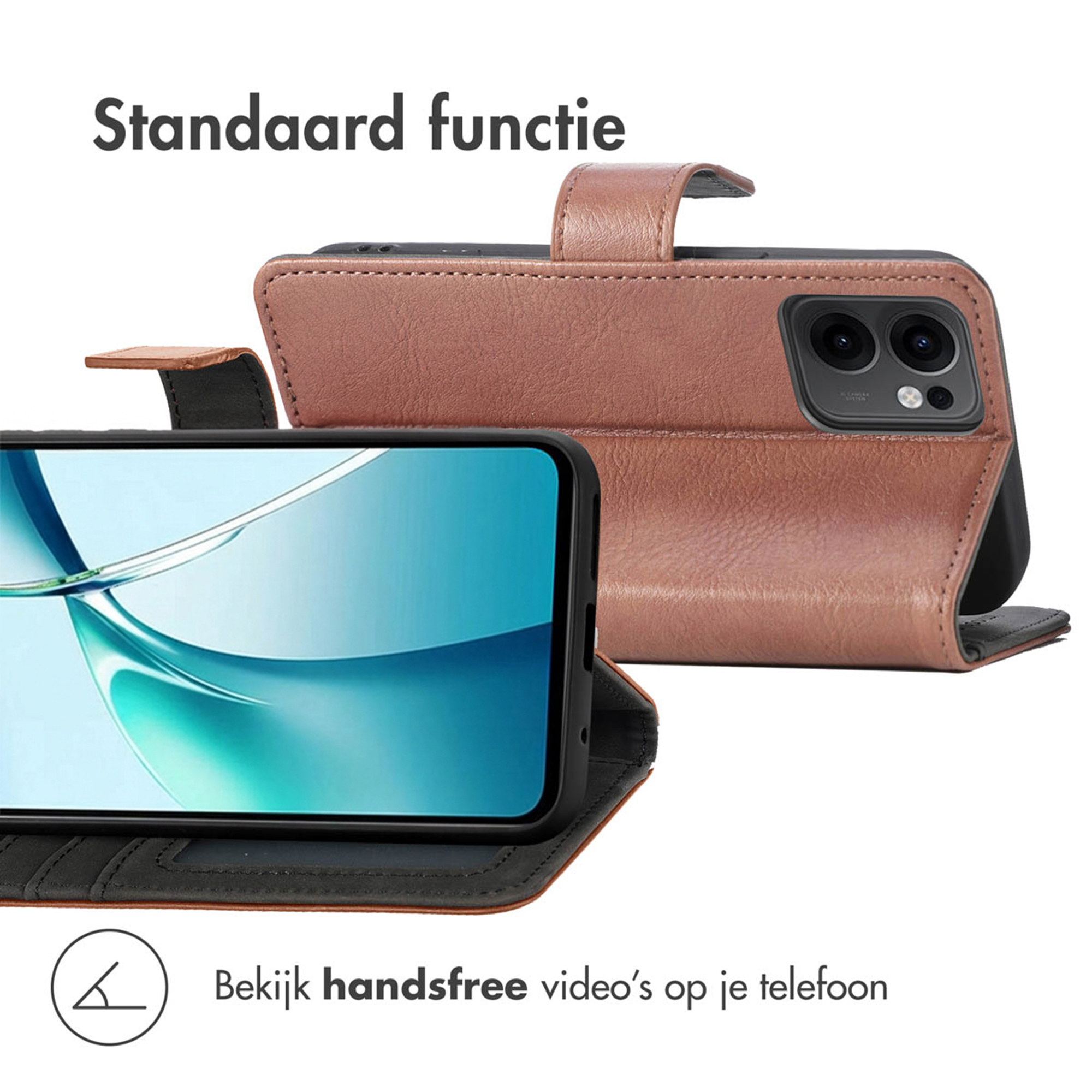 Bruin lederen telefoonhoes met standaardfunctie en smartphonescherm.