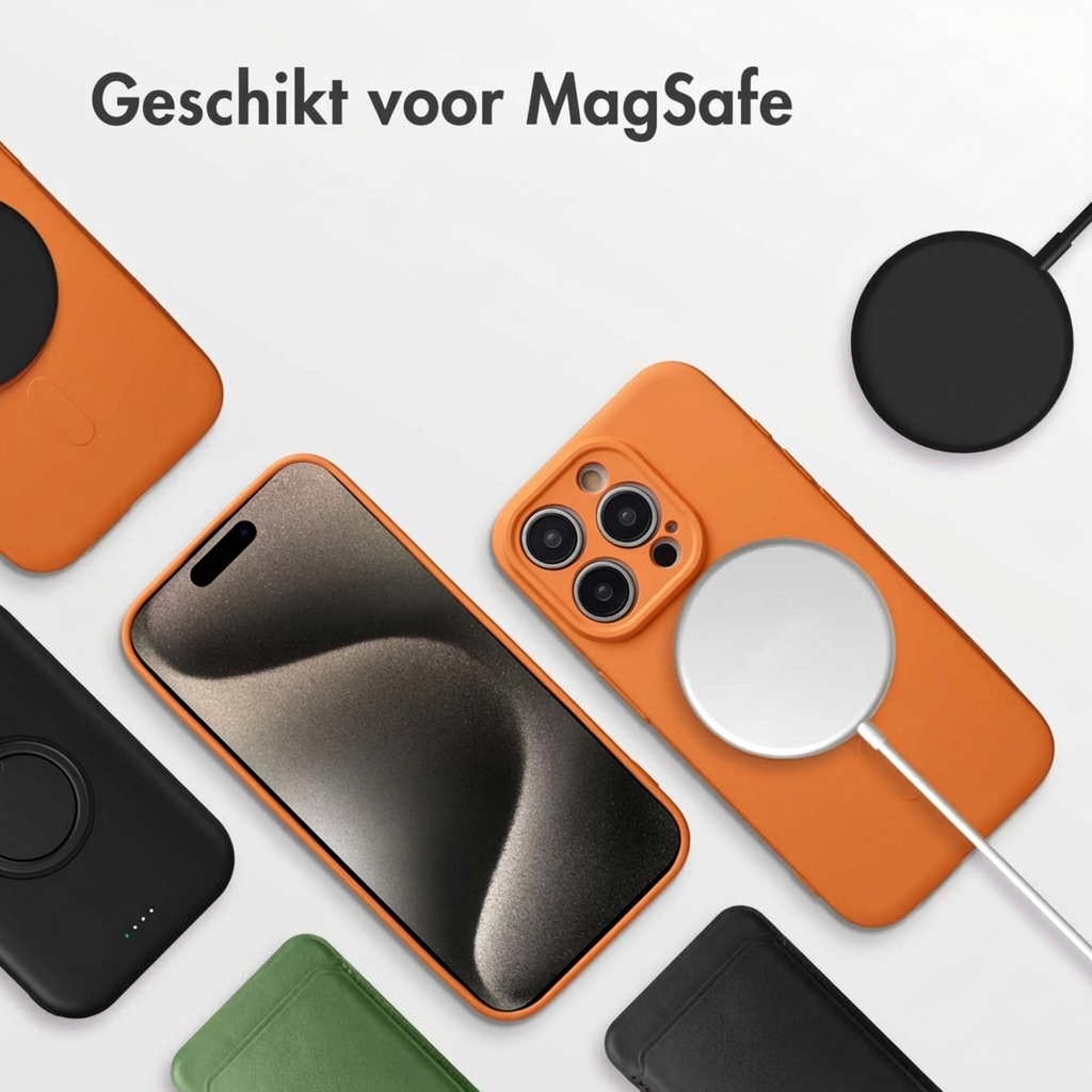 Oranje en zwarte MagSafe hoesjes omringen een smartphone. Een witte MagSafe-oplader is bevestigd.