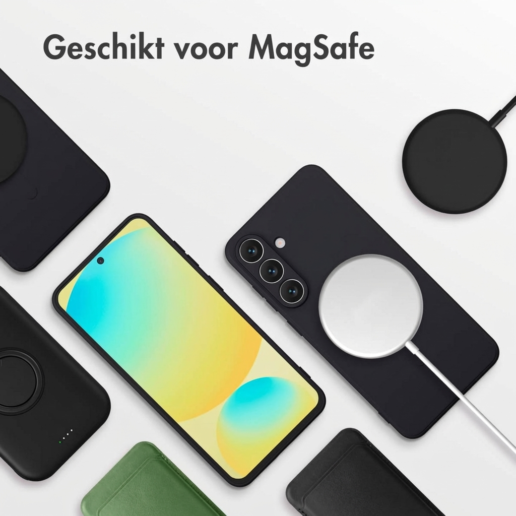 Téléphones et chargeurs MagSafe sur fond blanc.