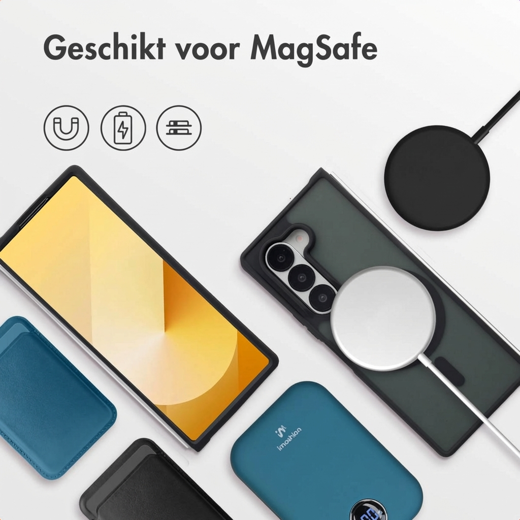 Un smartphone avec accessoires MagSafe, incluant une coque de chargement, une batterie externe et un chargeur.