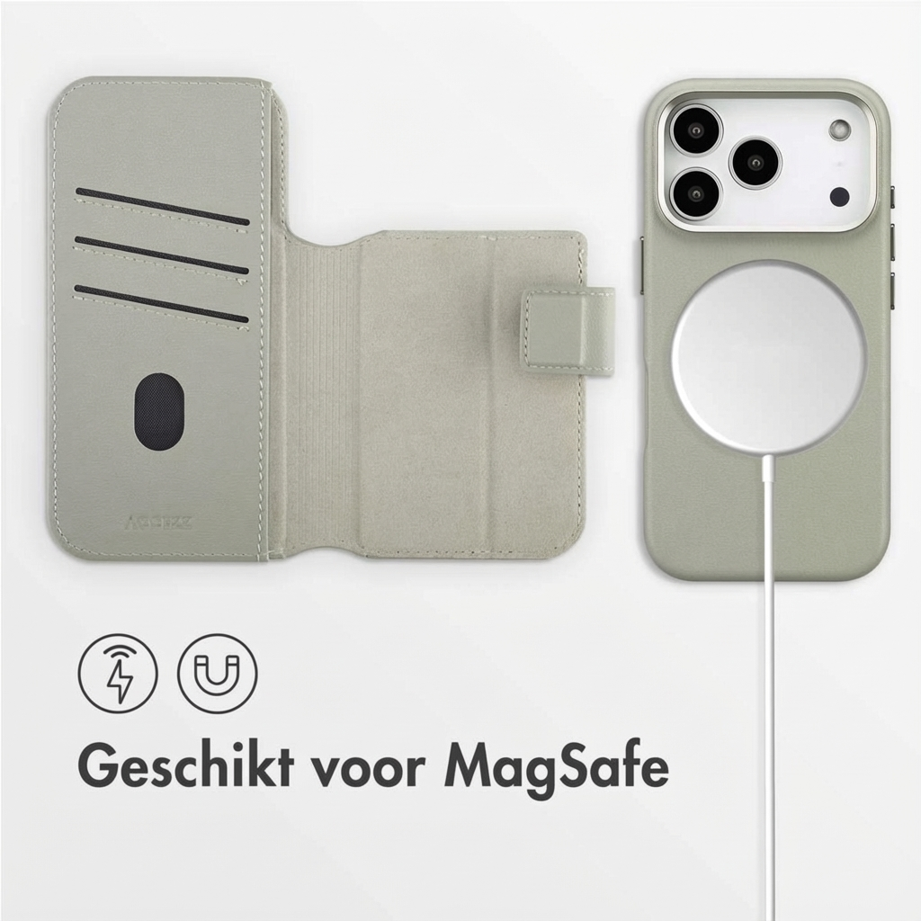 Une coque de téléphone vert clair ouverte, révélant des fentes pour cartes, et une coque fermée avec chargeur MagSafe.