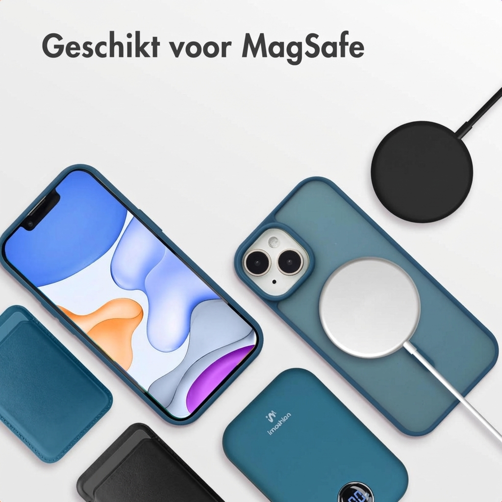 Two iPhones, blue case, power bank, and MagSafe charger on white background.