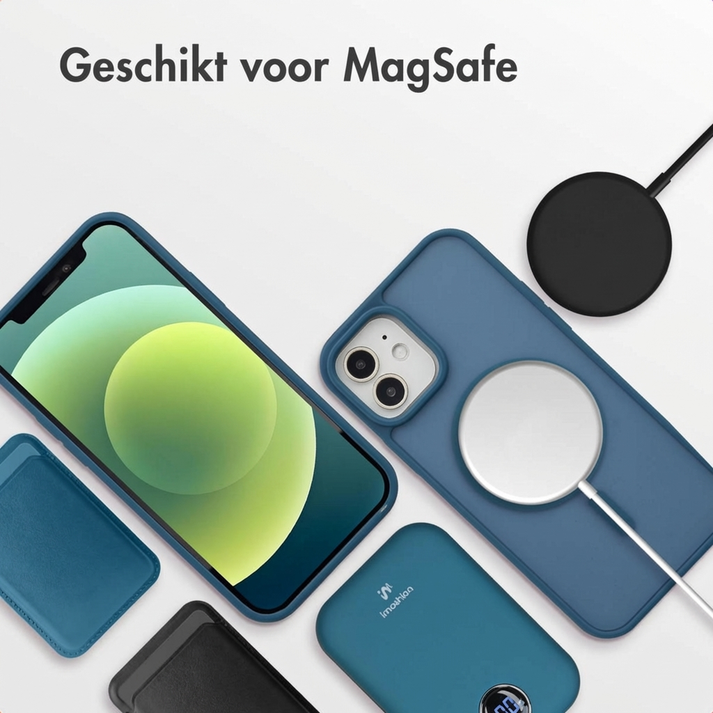 Blauw iPhone hoesje met MagSafe lader, telefoon en powerbank.