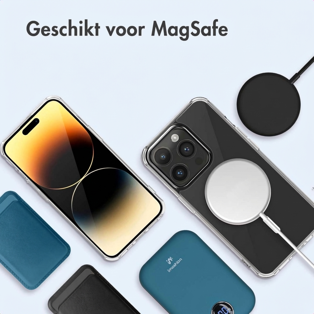 iPhone con accessori MagSafe: cover, caricabatterie, power bank e porta carte.