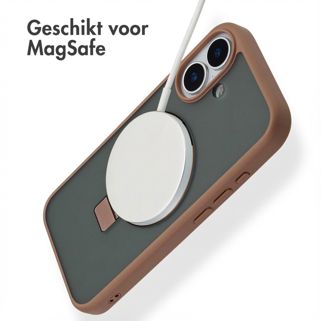 iPhone met MagSafe-lader bevestigd op de achterkant in een bruin hoesje.