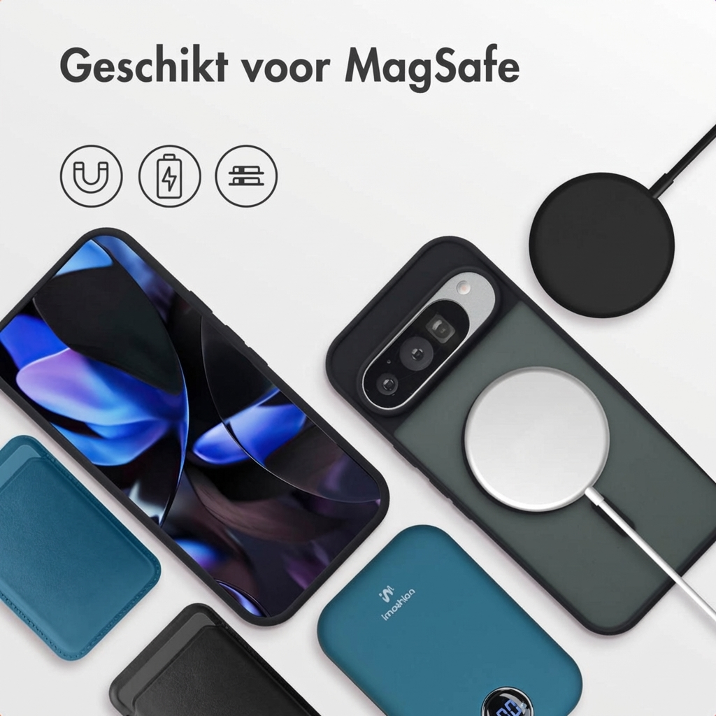 Een smartphone met MagSafe hoes, oplaadkabel en oplaadaccessoires.