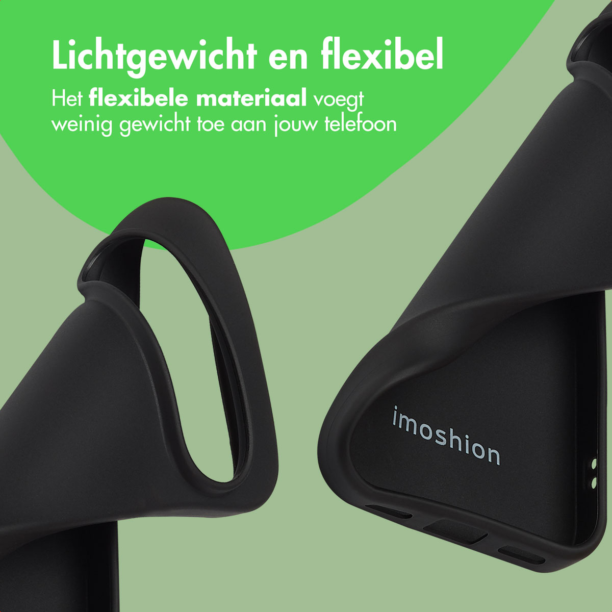 Deux coques noires pour téléphone sur fond vert. Texte en haut.
