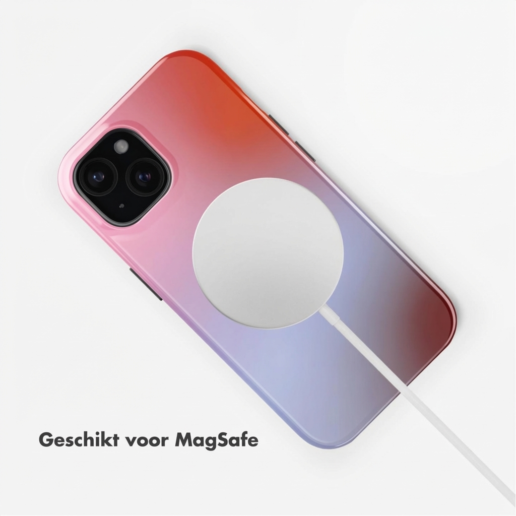 Een telefoon met MagSafe-oplader, vervagend van rood naar paars.