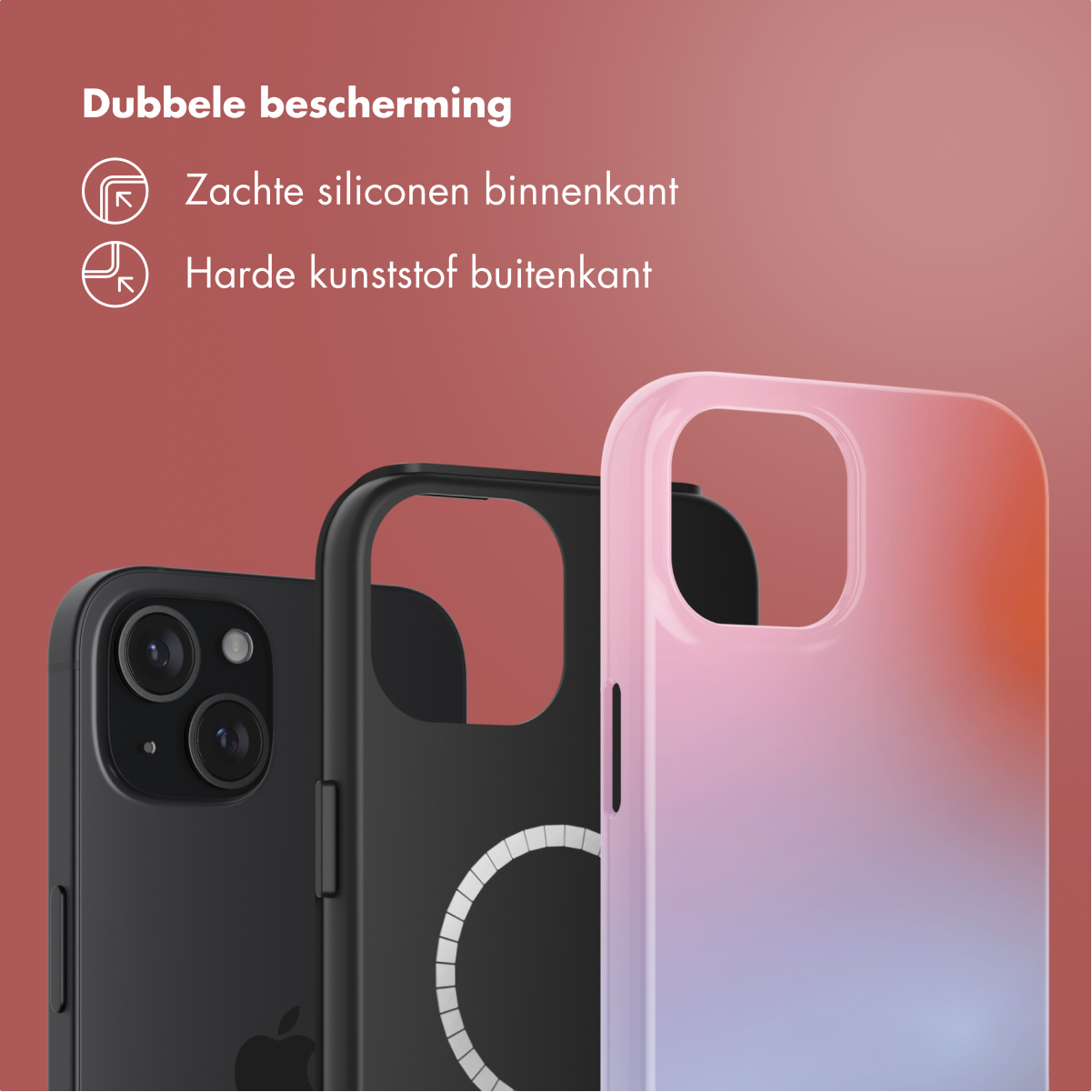 Drie telefoonhoesjes: een zwarte, een zwarte met witte cirkel, een roze-paars-oranje.