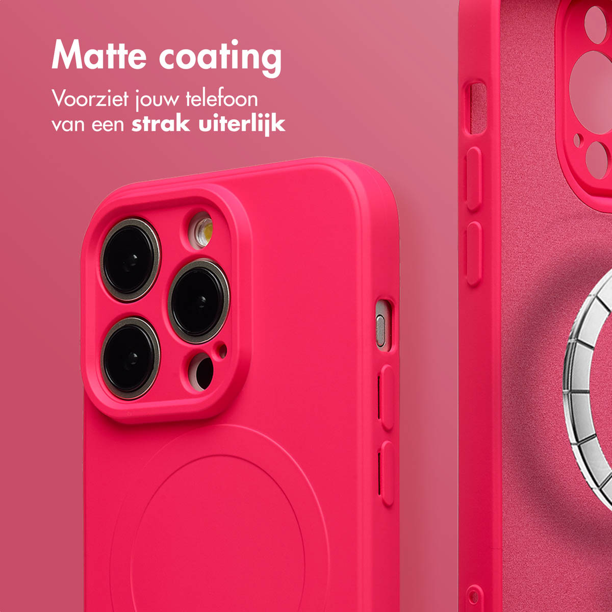 Une coque de téléphone rose avec module caméra et support anneau.