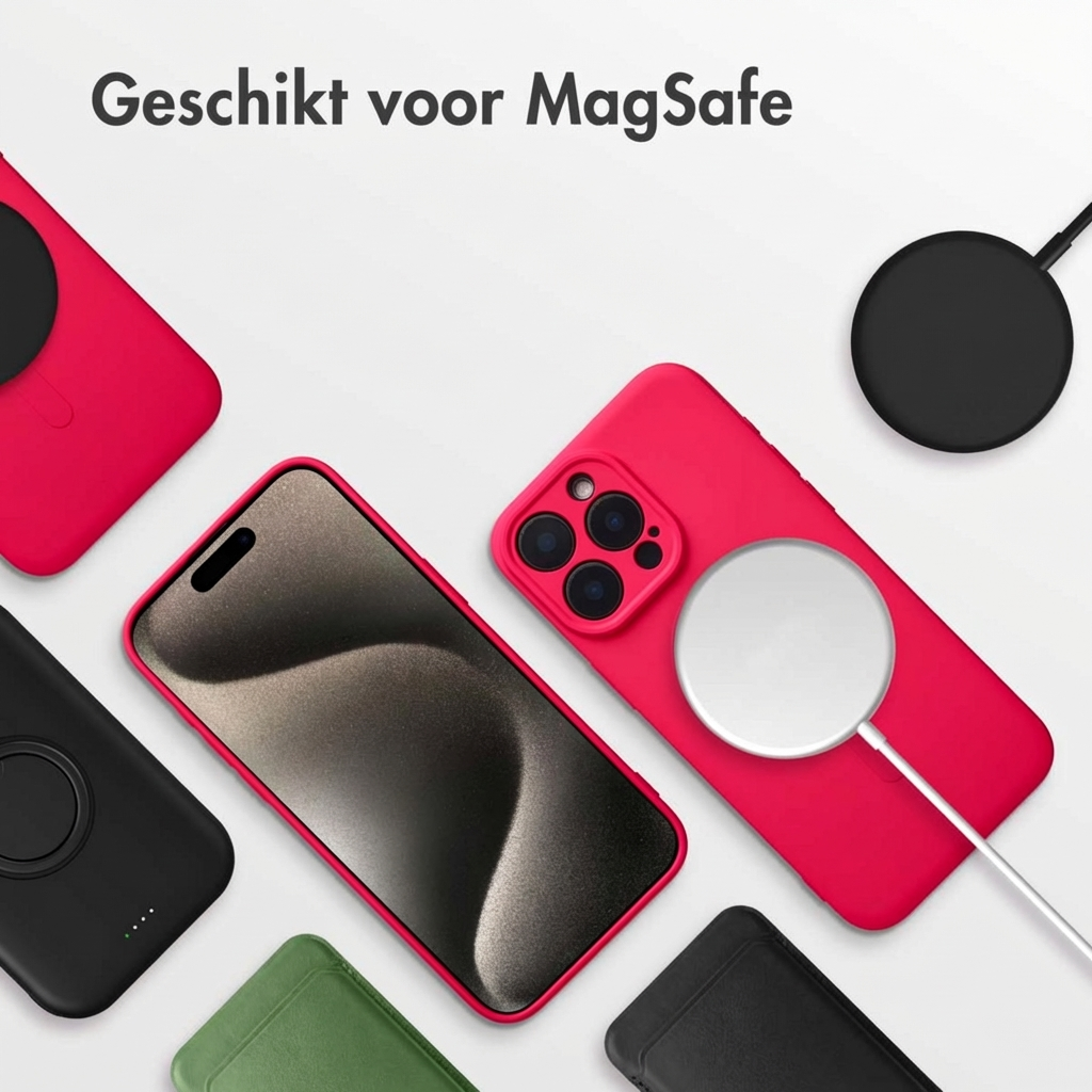 Coques de téléphone rouges et noires avec chargeur MagSafe et iPhone.