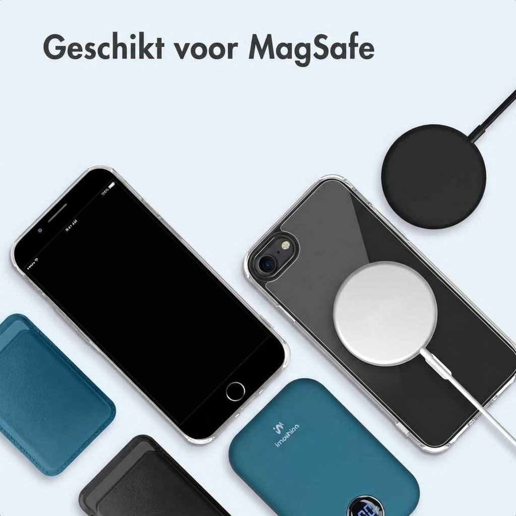 Zwei iPhones, eine MagSafe-Ladestation, eine Powerbank und Hüllen liegen auf hellem Hintergrund.
