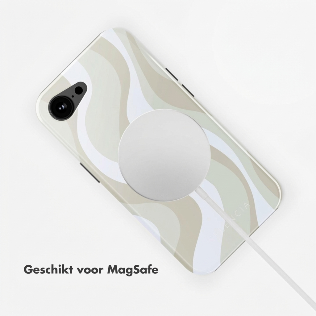 Custodia iPhone con caricatore MagSafe, motivo ondulato beige e bianco.