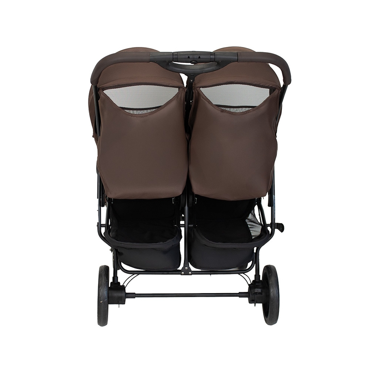 Brauner Zwillingskinderwagen mit schwarzem Gestell und Rädern, von vorne gesehen.