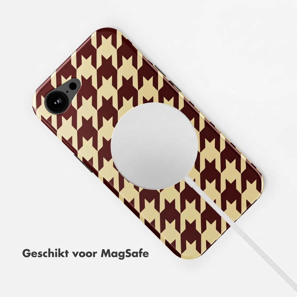 Motif pied-de-poule marron et beige sur une coque de téléphone avec cercle MagSafe.