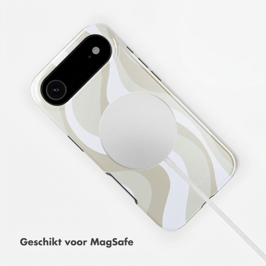 Un téléphone avec chargeur MagSafe et<br/>motif abstrait ondulé