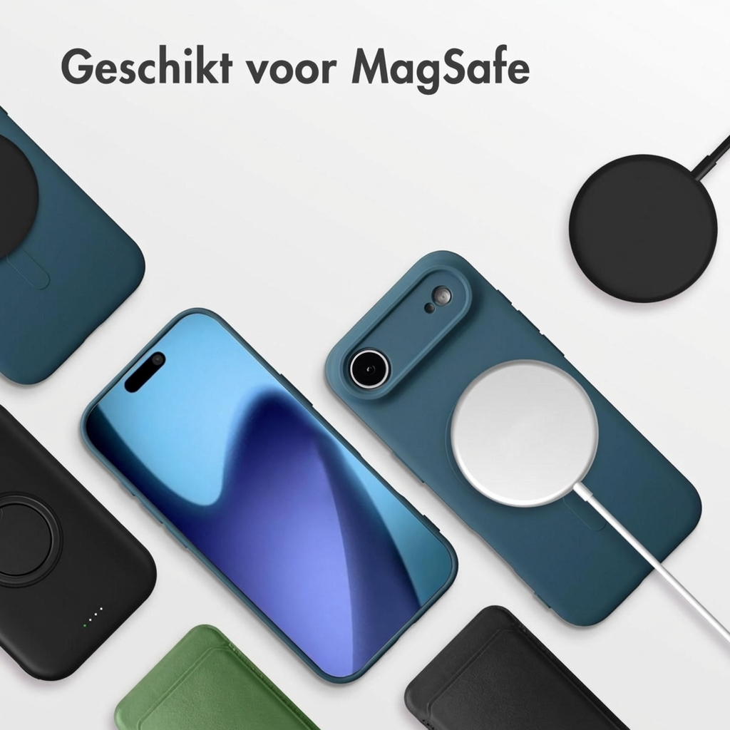 Een smartphone met MagSafe-oplader en hoesjes in diverse kleuren.