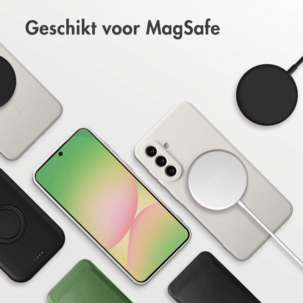 Witte en zwarte telefoons met MagSafe laders. Tekst: "Geschikt voor MagSafe".