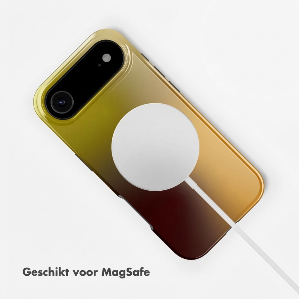 iPhone met MagSafe lader, verloop van geel naar bruin.