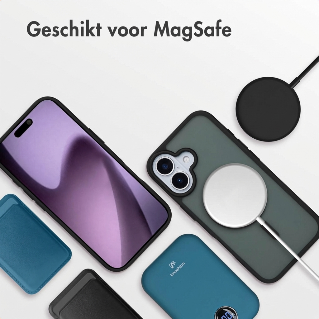 Een smartphone met MagSafe accessoires, waaronder hoesjes en laders.