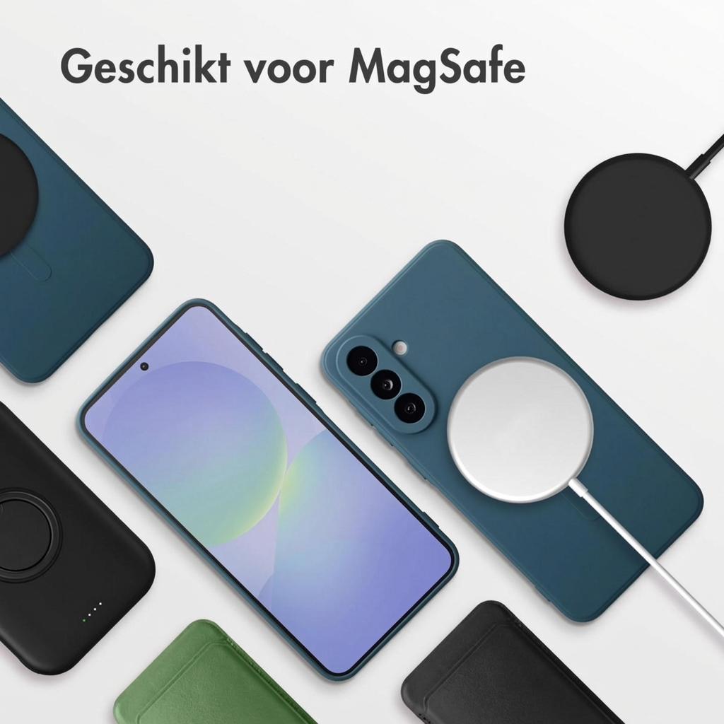 Plusieurs étuis de téléphone bleu sarcelle et chargeurs MagSafe sur fond blanc.