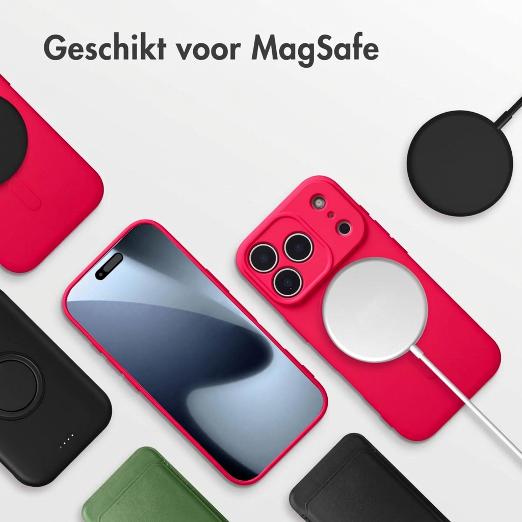 Rode en zwarte telefoonhoesjes met MagSafe lader en telefoon.