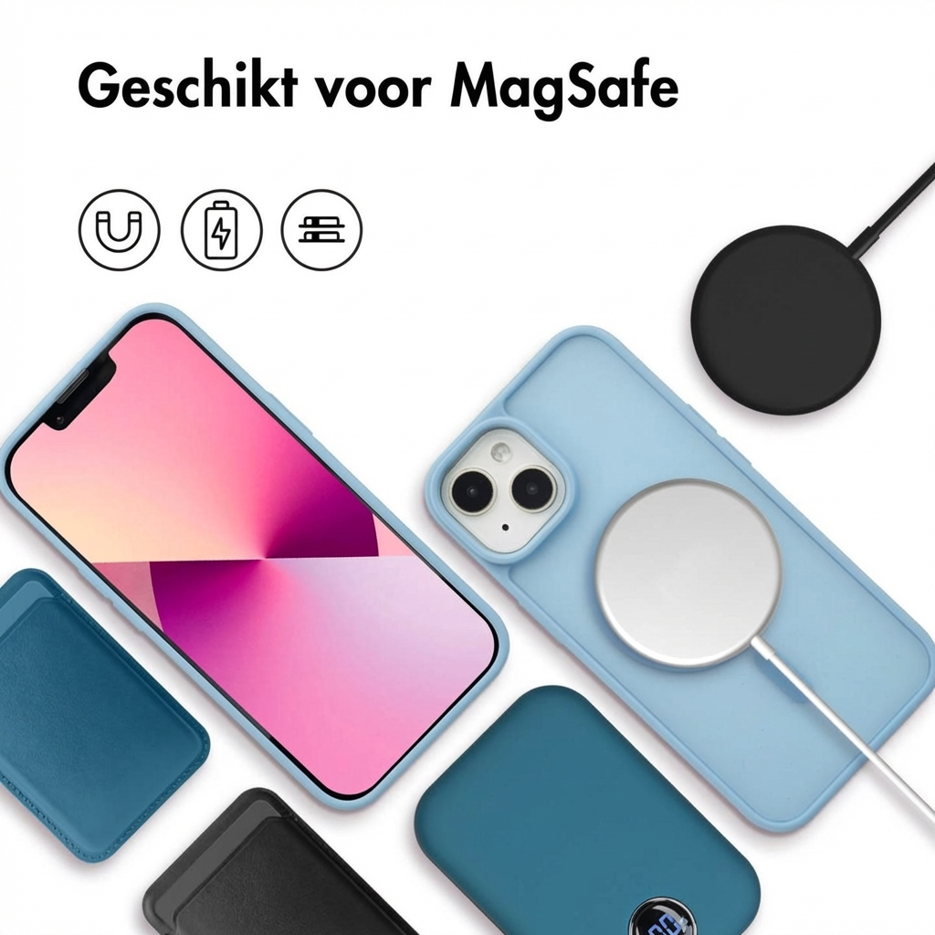 iPhone, oplaadkabel, hoesjes en MagSafe accessoires op witte achtergrond.
