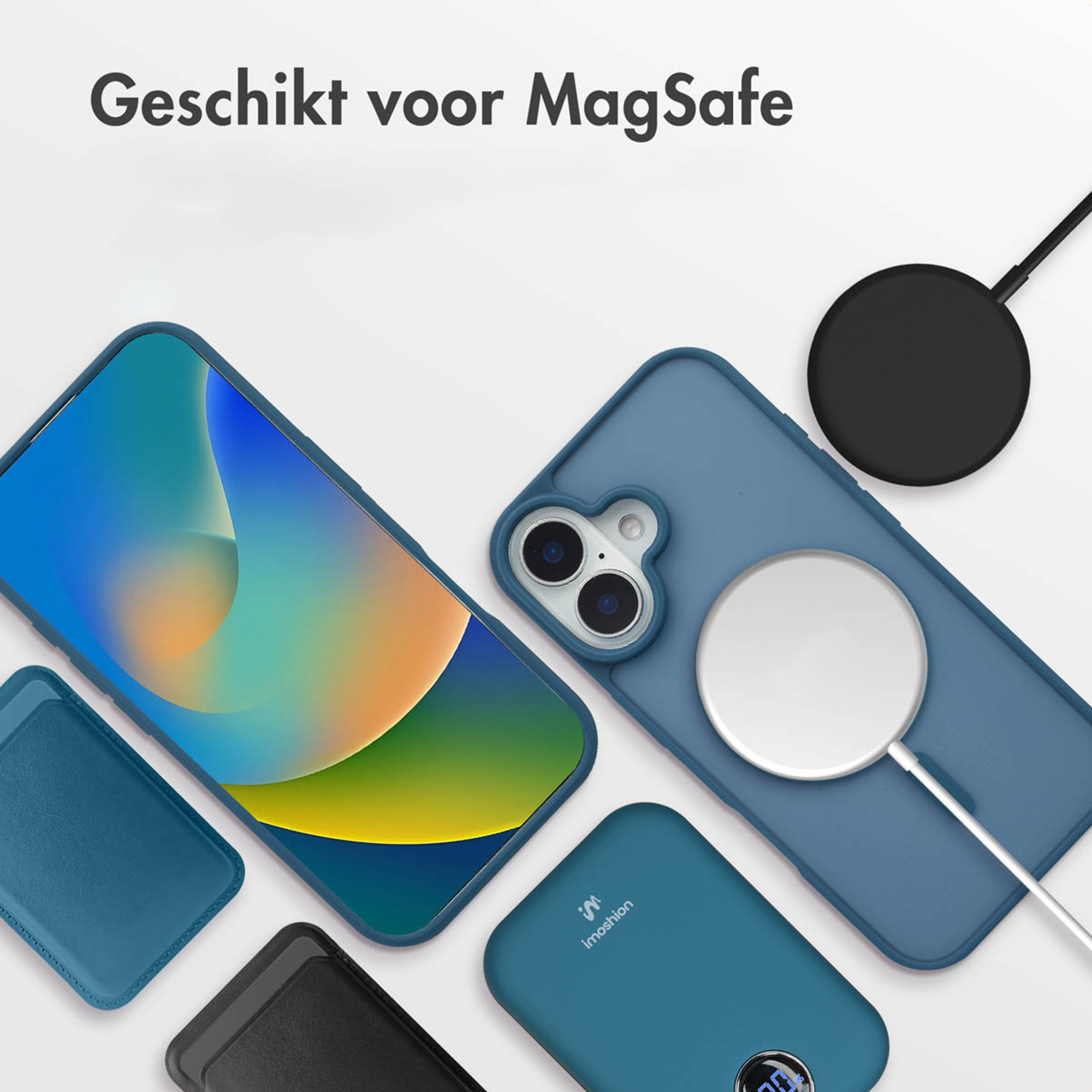 Een smartphone met MagSafe accessoires, inclusief hoesjes en laders.
