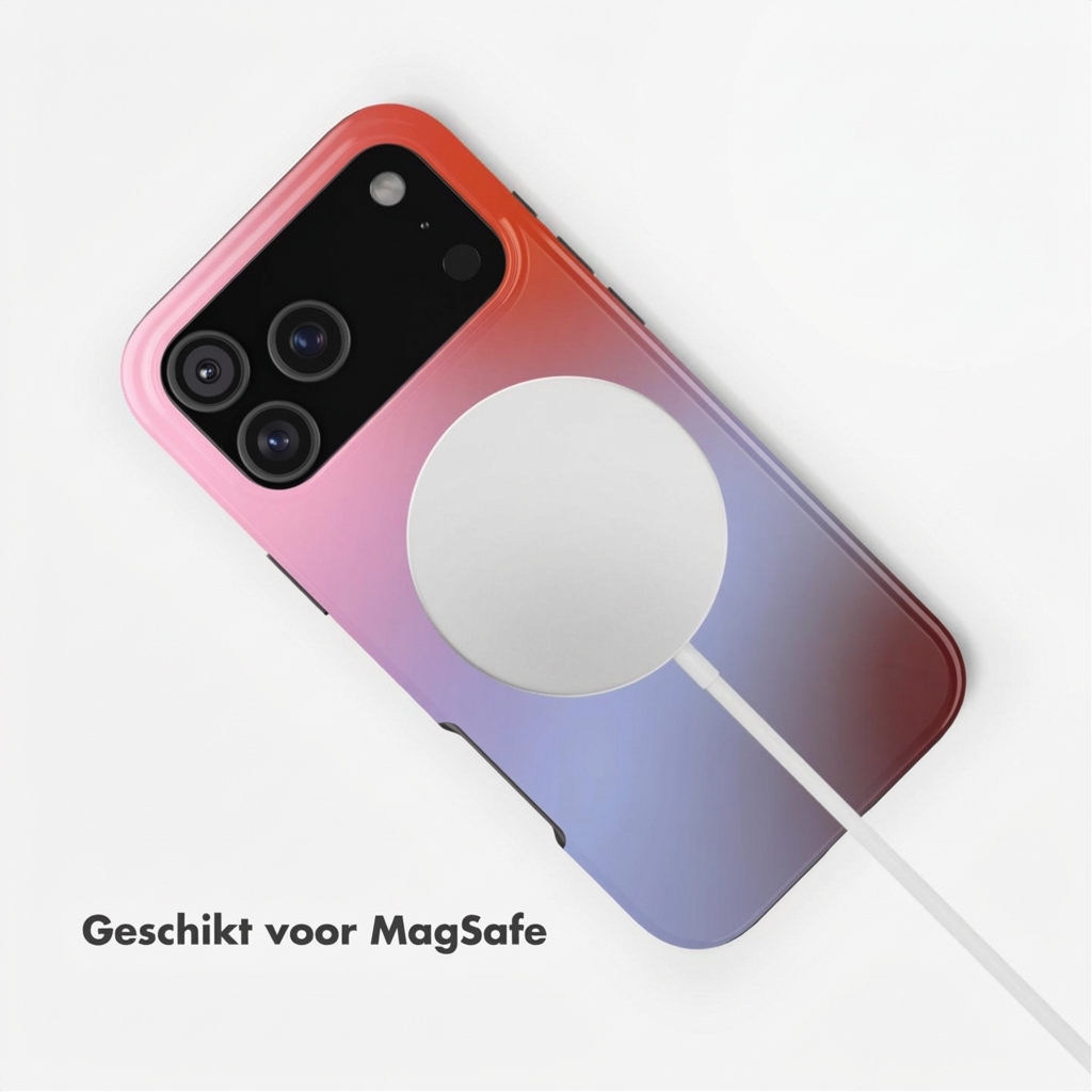 Een smartphone met MagSafe-oplader, met een rood-blauwe kleurovergang.