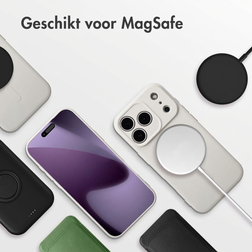 Accessoires iPhone : chargeur MagSafe, coques blanche, verte, noire.