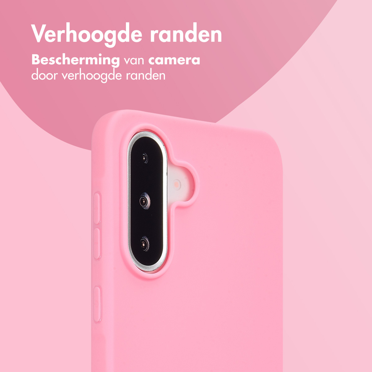 Een roze telefoonhoesje met de cameralens. Verhoogde randen bieden bescherming.