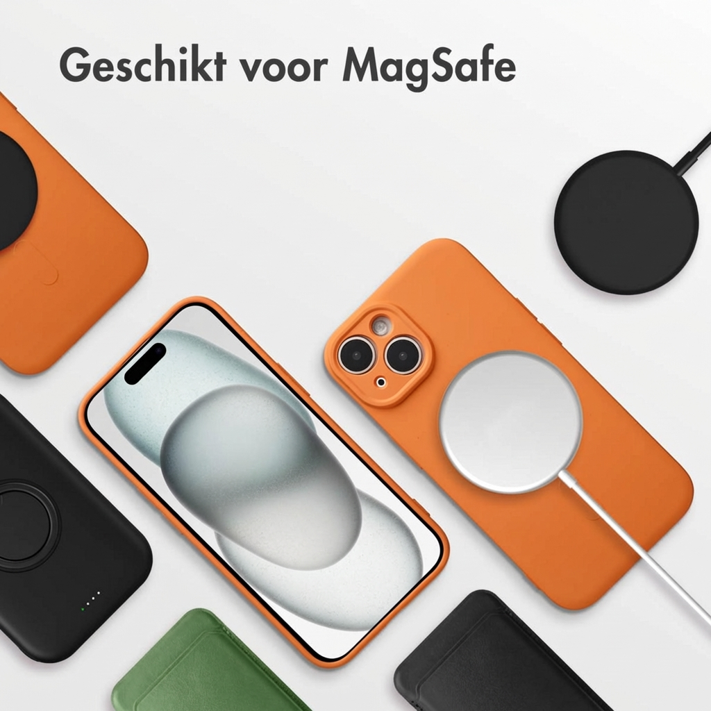 Orange phone cases and MagSafe chargers on a white background.