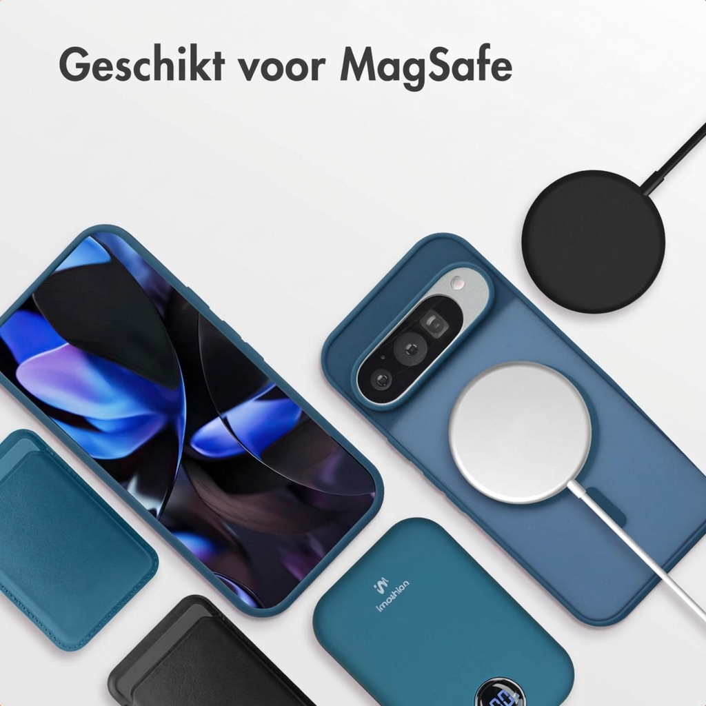 Telefoonhoesje met MagSafe-oplader, powerbank en kaarthouder.