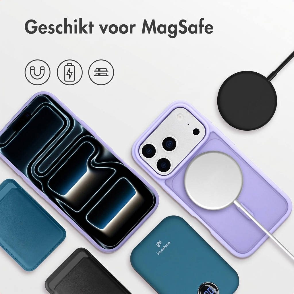 MagSafe accessoires: Paarse hoes, powerbank, kabel, ring en telefoon.