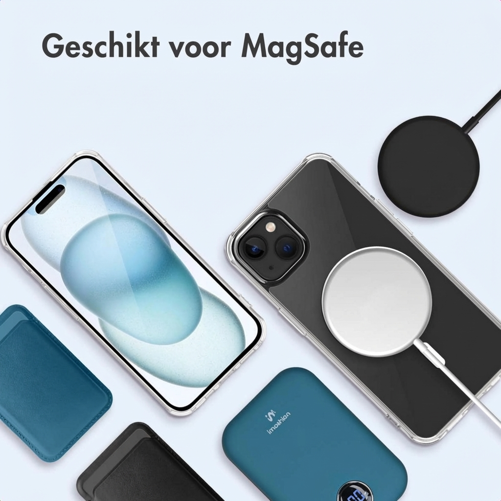 Two iPhones, MagSafe charger, power bank, and cases on a blue background.