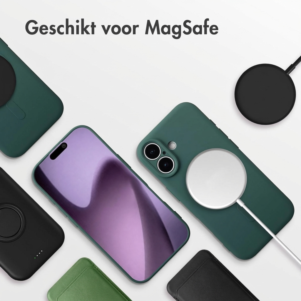 Groene en zwarte telefoonhoesjes met MagSafe opladers en een telefoon met paars scherm.