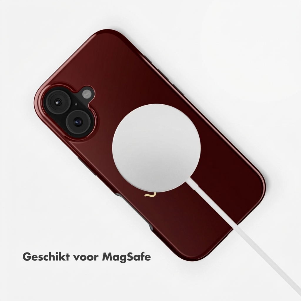 Donkerrode telefoon met MagSafe-oplader en wit snoer.